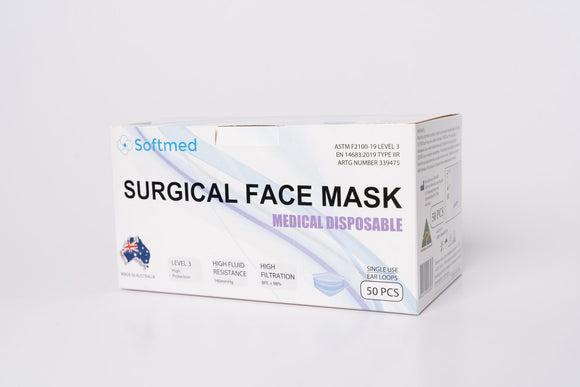 Softmed TGA Registered Level 3 Earloop Surgical Face Mask - Box/50